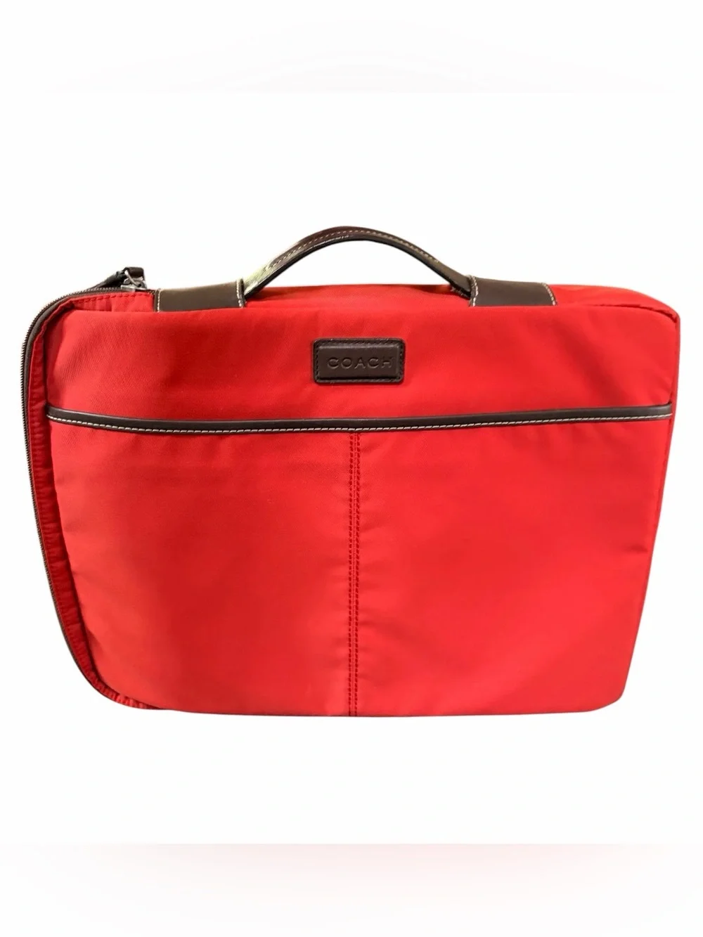 Coach Red Nylon Briefcase with Dark Brown Trim and Too Handle